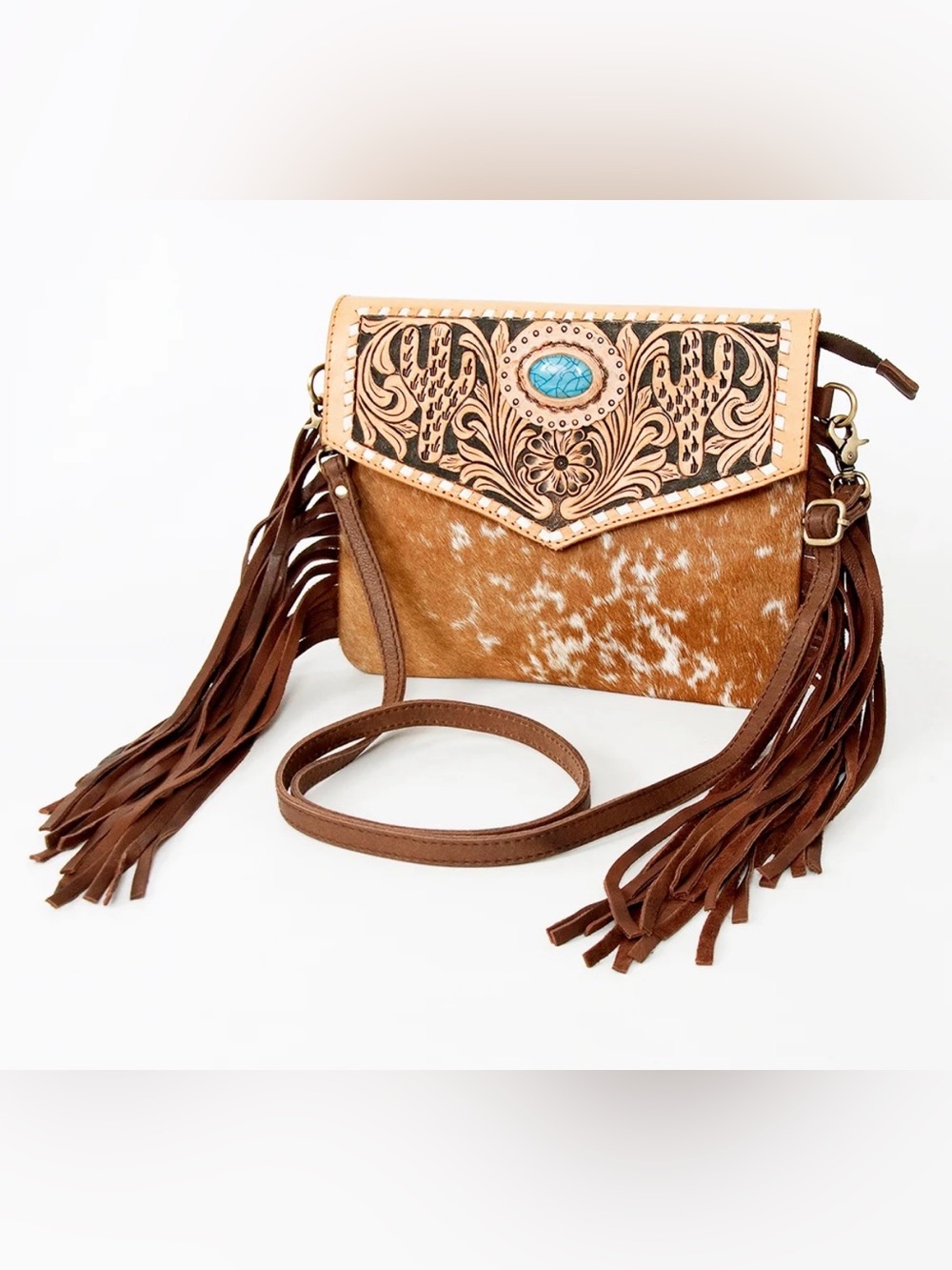 Western Bag Cowhide Turquoise Accent Brown Leather Fringe Crossbody Bag